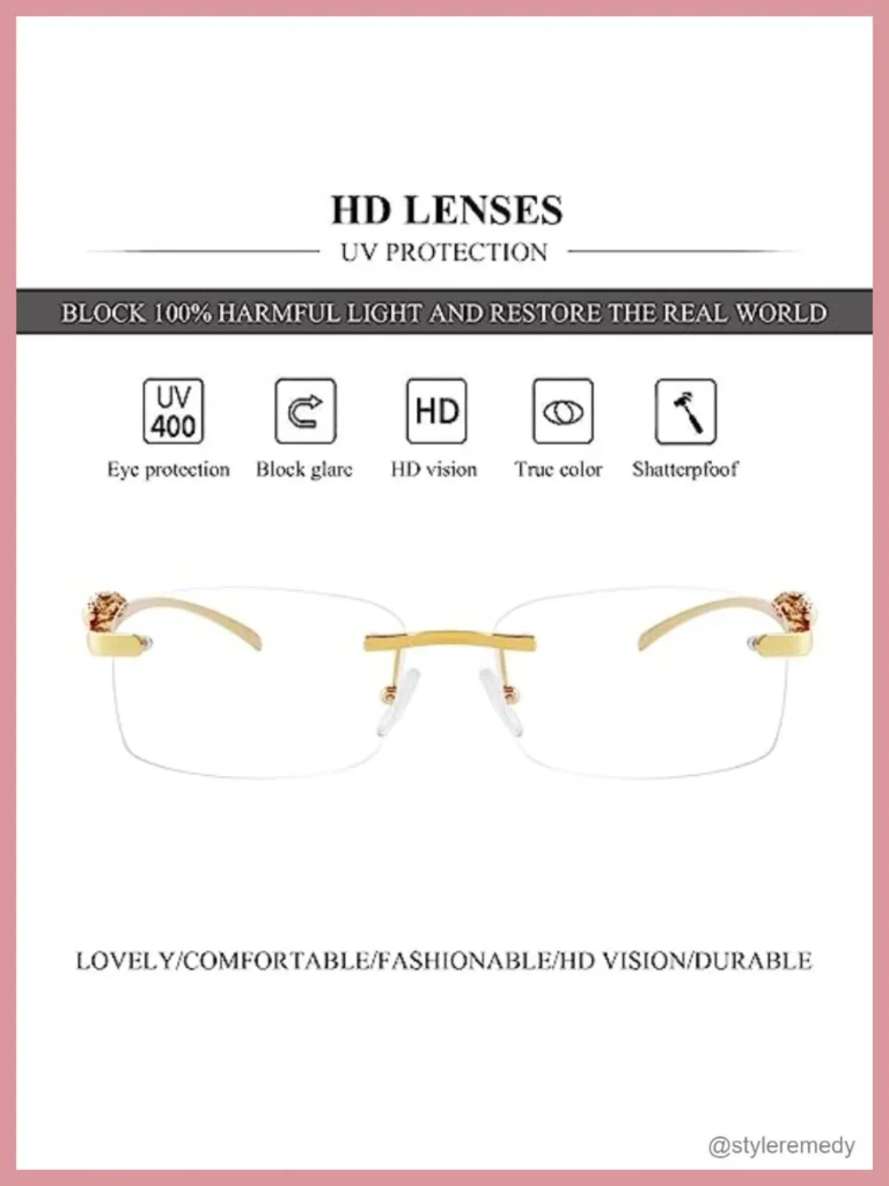 Vintage Rimless Rectangle Sunglasses Gold Metal Frameless Square Transparent